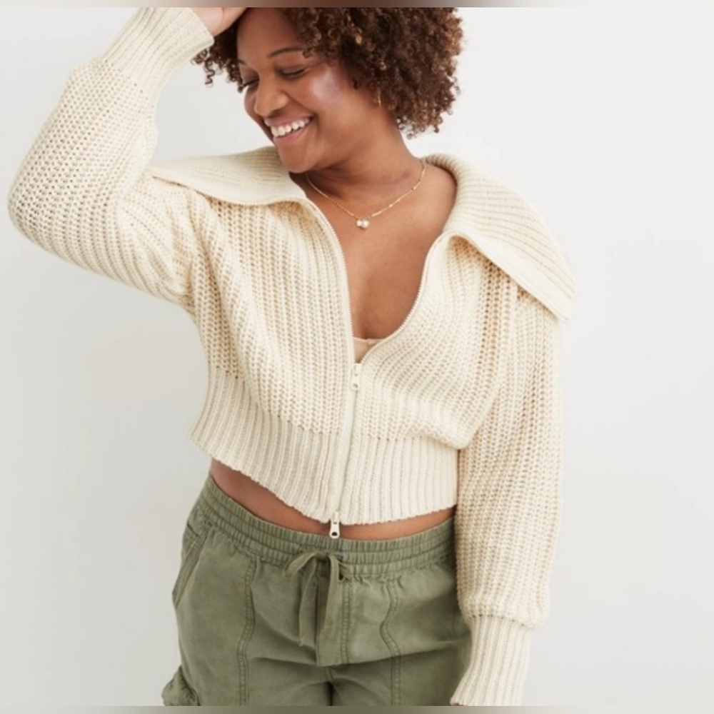 Aerie Cream Cardigan Sweater with Ribbed Texture Zip-up In New Condition Size S!